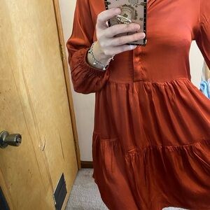 Young Fabulous and Broke Copper Satin Tiered Babydoll Shirt Dress